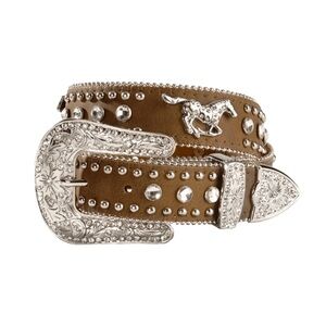 Nocona Brown Running Horse Kids Belt with Silver Accents